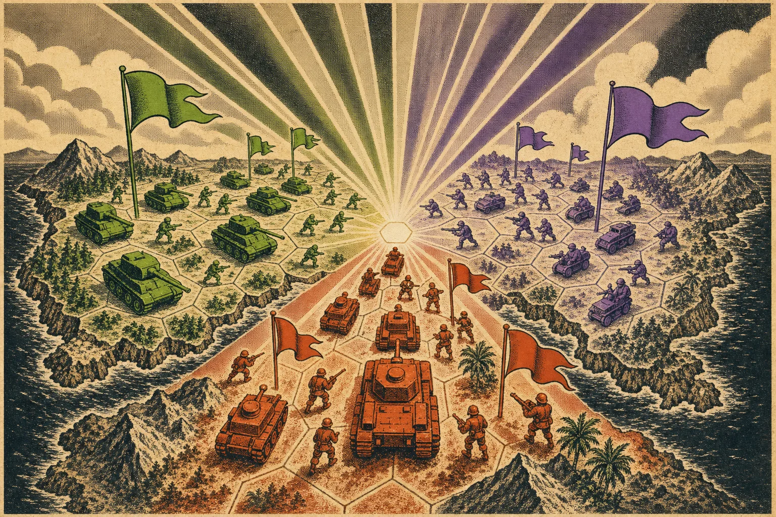 Three toy armies — green, violet, and ember — converge on a hexagonal island battlefield
